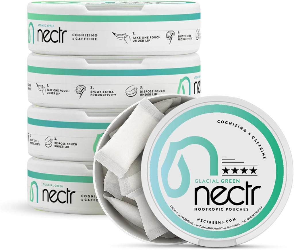 Nectr Energy Nootropic Pouches Glacial Green Wintergreen Cafeine Pouches met Cognizin® Citicoline. Suikervrije hersenen. Glad, Sustained Focus & Energy Supplement - 5 Pucks van 16st