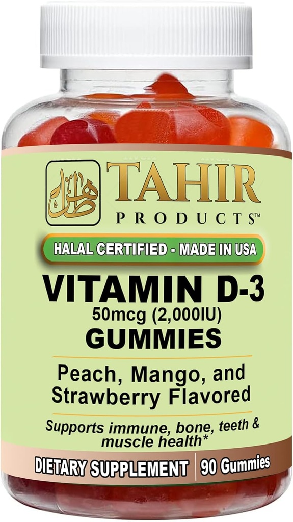 Tahir Halal Vitamine D3 2000 IE Gummies Ondersteunt Bone & Immune Health, bevordert spierfunctie, Glutenvrij, Gelatinevrij, 90 Natural Fruit Smaak Gummies, Made in USA