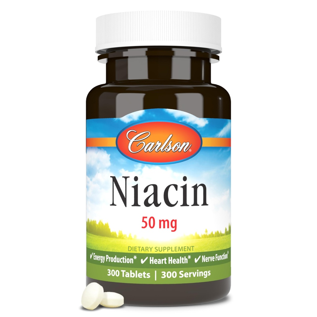 Carlson - Niacin, 50 mg, Ondersteunt Cholesterol Metabolisme, Energieproductie, Hartgezondheid, Zenuwfunctie, 300 tabletten