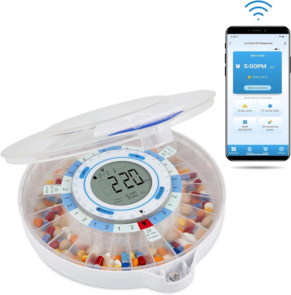 Live Fijne Smart WiFi Automatische pildispenser 28 dagen Medicatie Organisator tot 9 doses per dag voor bewaking van de zorg met vergrendelende sleutel, verstelbaar licht/geluid alarmen voor
