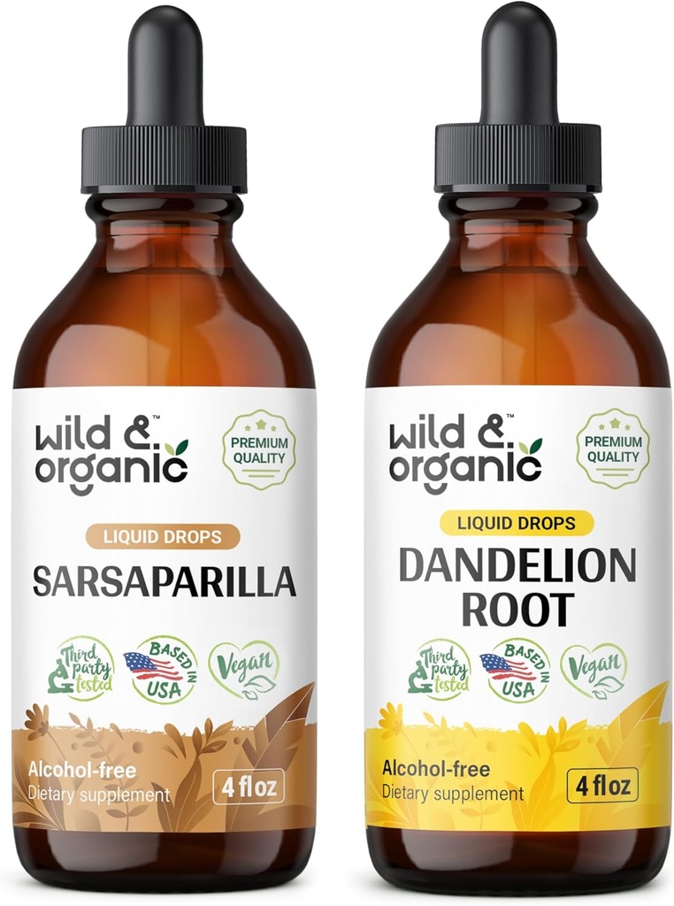 Wild & Organic Sarsaparilla Tinctuur 4 fl oz & Dandelion Wortel Tinctuur 4 fl oz