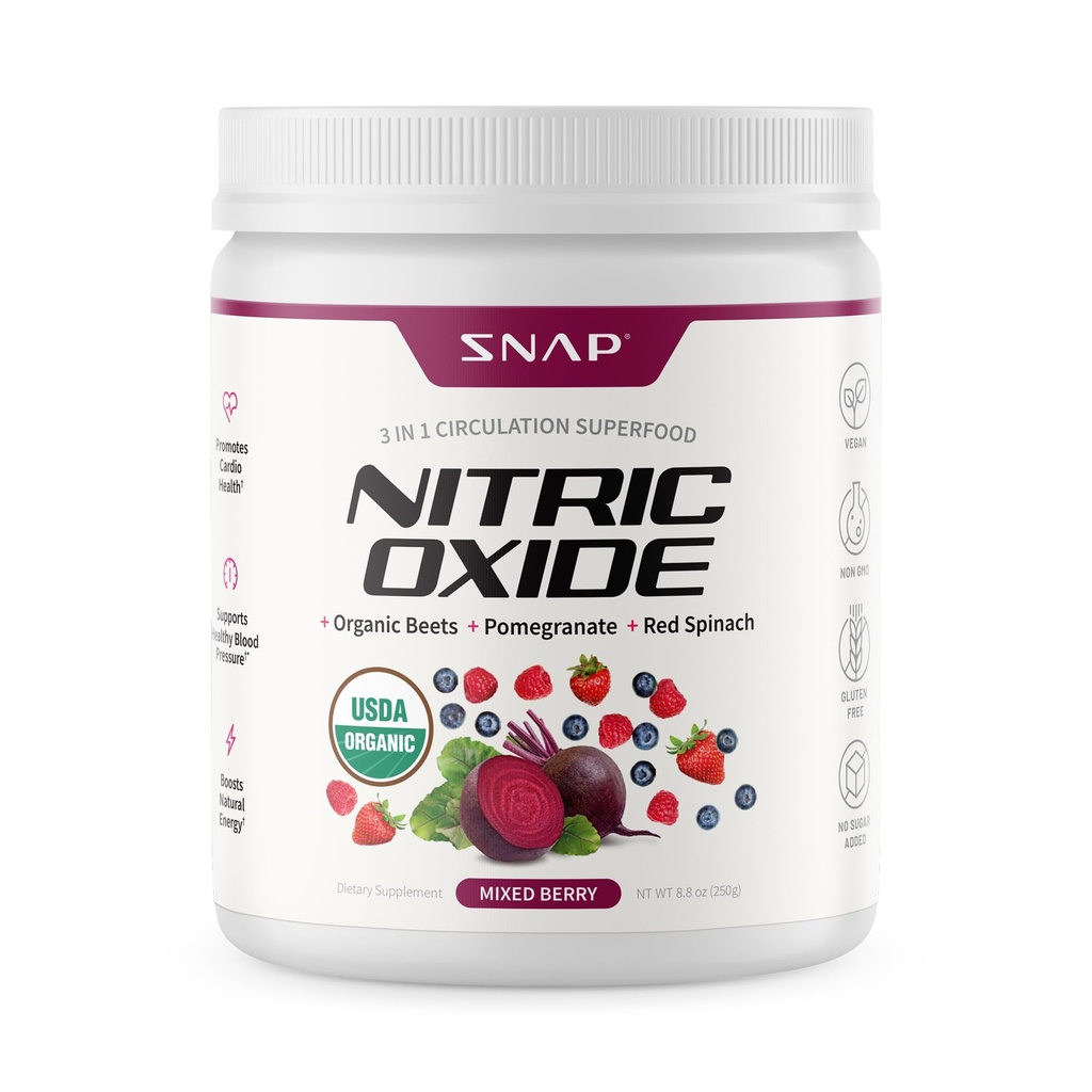 Snap Supplementen Biologische Beetwortel Nitrikoxide Poeder - Ondersteunt energie en gezonde circulatie, 8,8 oz (30 porties, 1 maand levering), gemengde Berry