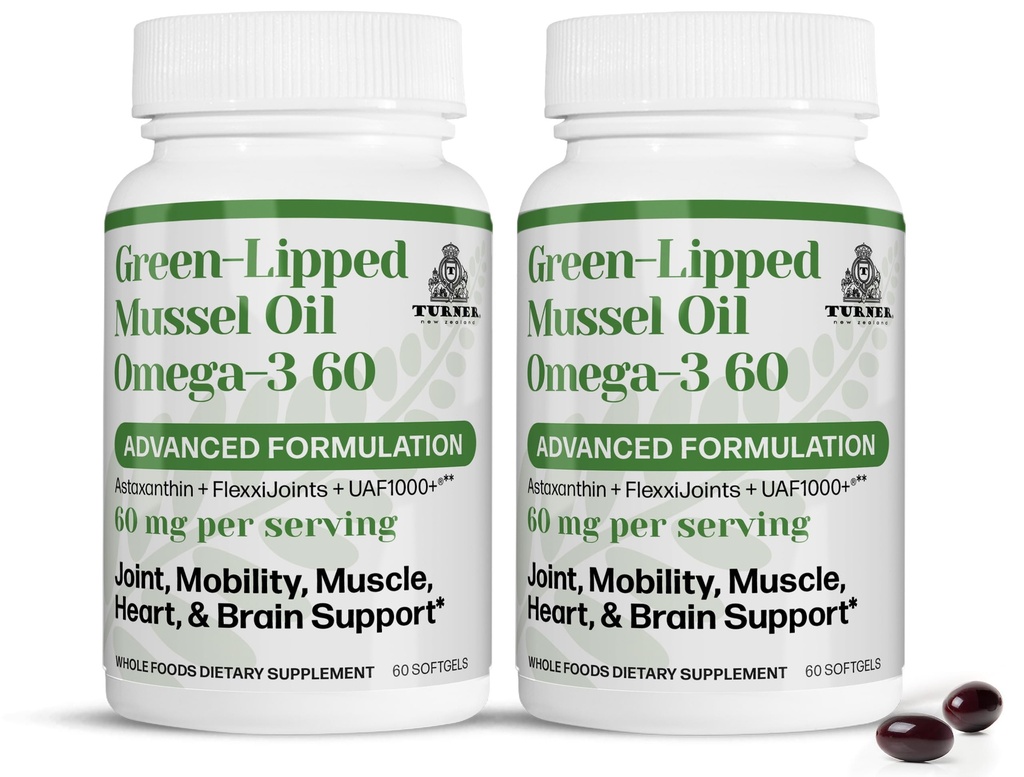 TURNER New Zealand Green Lipped Omega-3 Mussel Oil, 53x Higher Potency with UAF1000+ Super Antioxidant, No Fishy Aftertaste, 2 Bottles, 120 Softgels