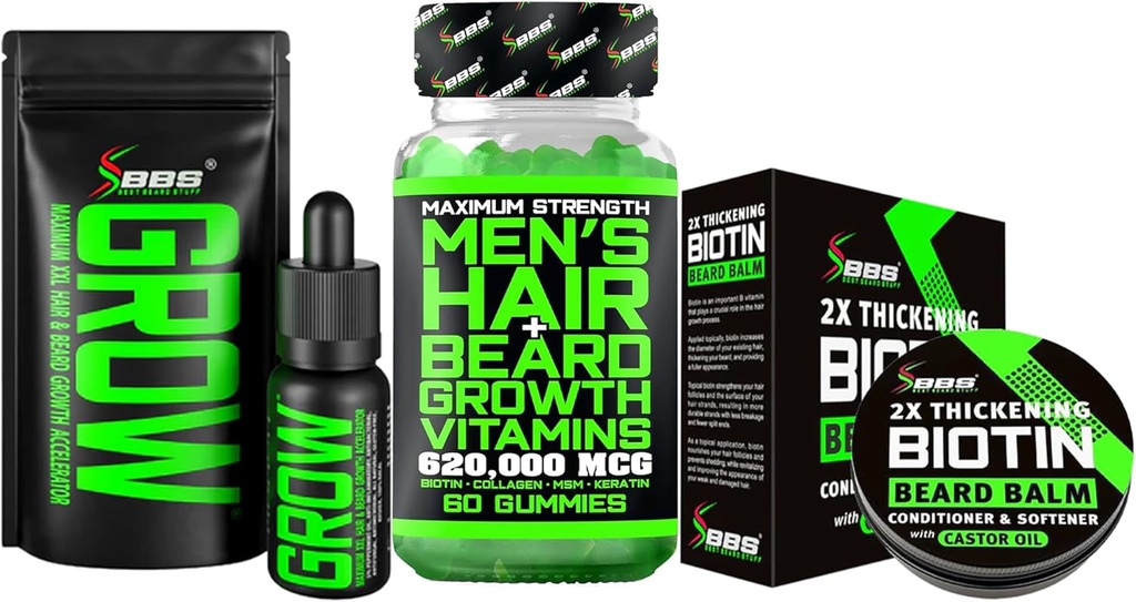 Baardgroei Kit w/ 2X Verdikking Biotine Baard Balsem voor mannen & snor was + Groei snor Serum & gezicht haarolie + 14-in-1 Biotine Gummies & haargroei Vitaminen voor mannen - Geformuleerd in Amerika