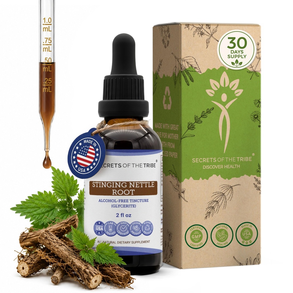 Geheimen van de Stam stekende brandnetel Alcoholvrije Liquid Extract, Stinkende Brandnetel (Urtica Dioica) Gedroogde Wortel (2 FL OZ)