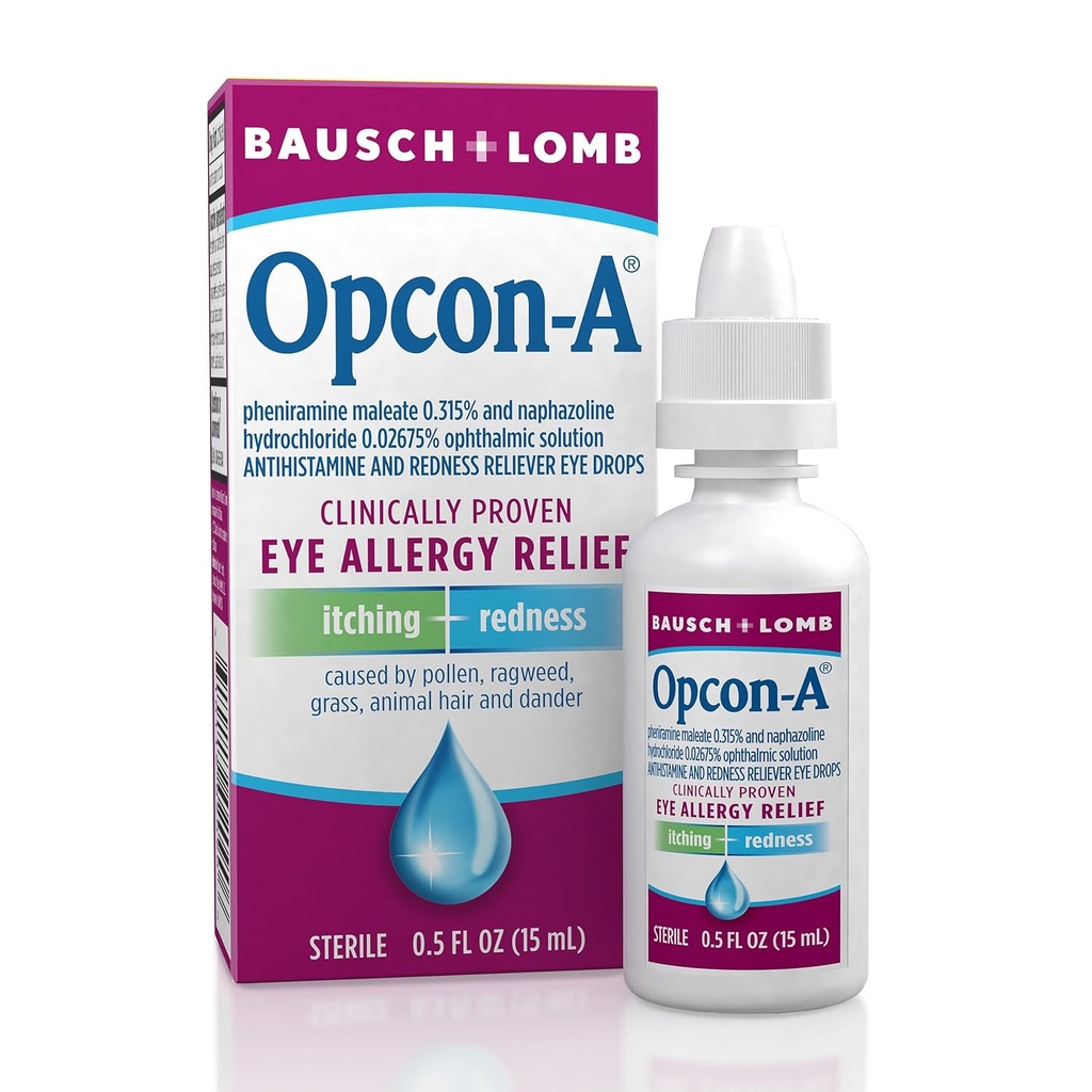 Opcon-A Allergie Oogdruppels door Bausch + Lomb, voor jeuk en roodheid verlichting, rode en jeukende ogen Antihistamine oogdruppel, klinisch bewezen behandeling, 0,5 Fl Oz