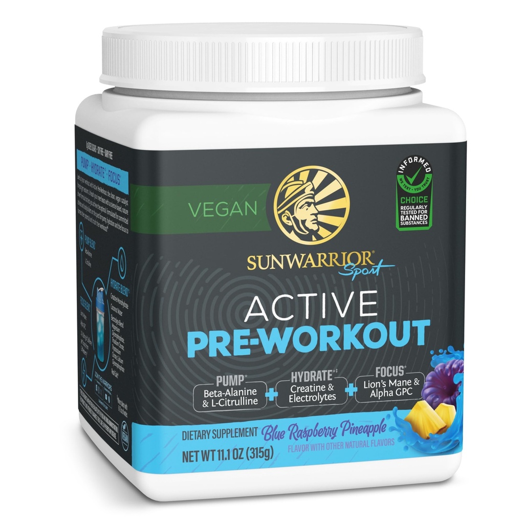 Sunwarrior Pre Workout Poeder Energie Drink Vegan Plant Based Supplement Pomp, Hydraat, Focus, Endurance, & Strength Builder Blue Raspberry Ananas Flavored 30 Serves Active Preworkout
