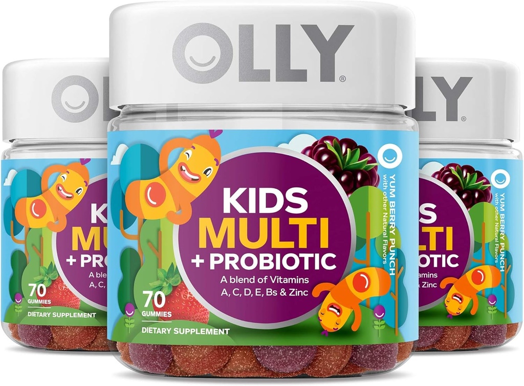 OLLY Kids Multivitamine + Probiotische Gummy, Vitaminen A, C, D, E, B, Zink, Probiotica, Kauwbare Supplement, Berry smaak, 70 Tel (3 Pack)