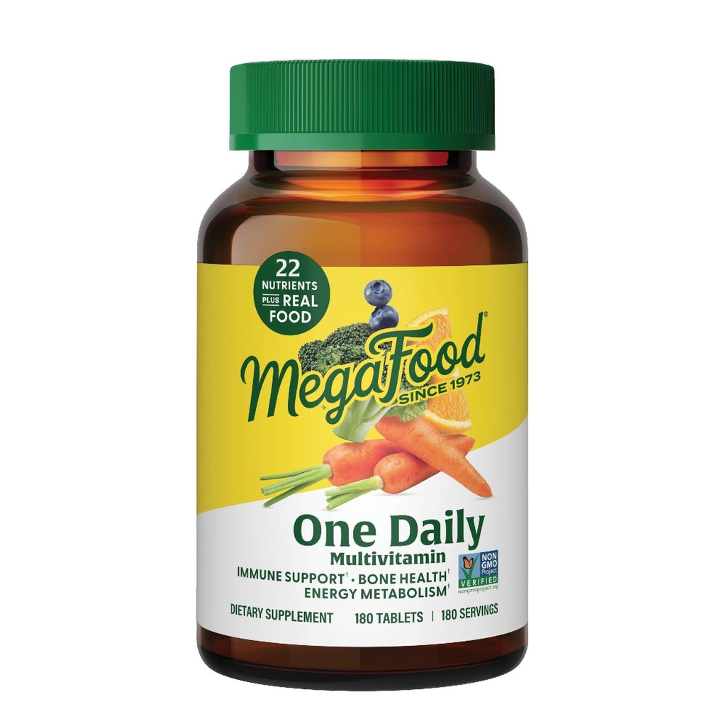 MegaFood One Multivitamine quotidienne pour les femmes et les hommes, supplément de soutien immunitaire avec nourriture réelle, vitamine C et vitamine B, santé osseuse, métabolisme de l'énergie cellulaire, végétarien, non-OGM, 180 comprimés