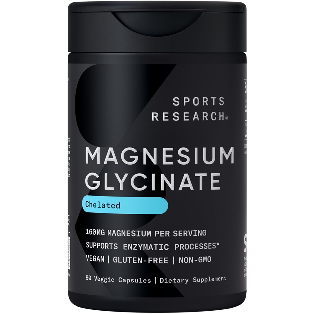 Sports Research® Magnesium Glycinate - Ondersteunt rustgevende slaap- en enzymatische processen - 160 mg chelated Magnesium - Vegan Capsule - 90 Tel.
