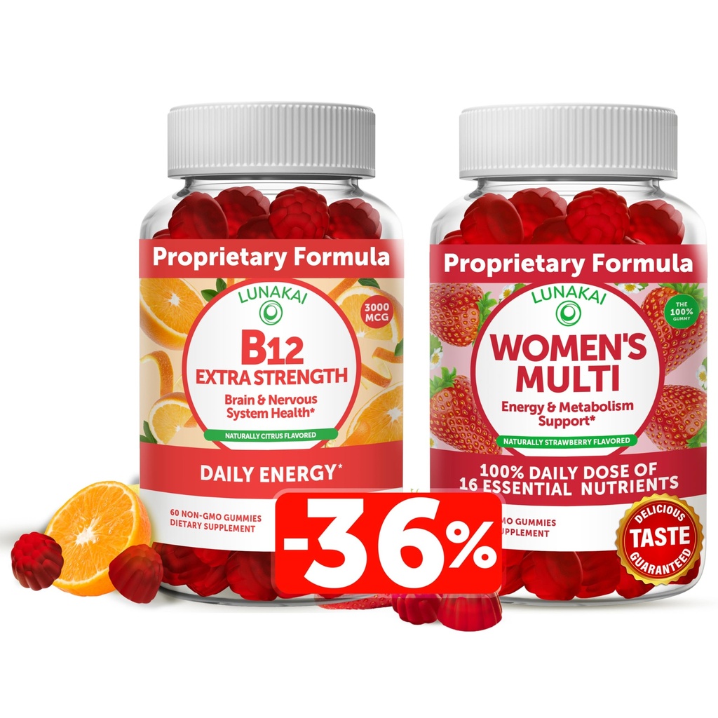 Lunakai Vitamine B12 en vrouwen Multivitamine Gummies Bundle - Non-GMO & Vegan Supplement voor energieondersteuning en botgezondheid - 100% dagelijkse waarde van 16 essentiële vitaminen en mineralen - 30 dagen levering