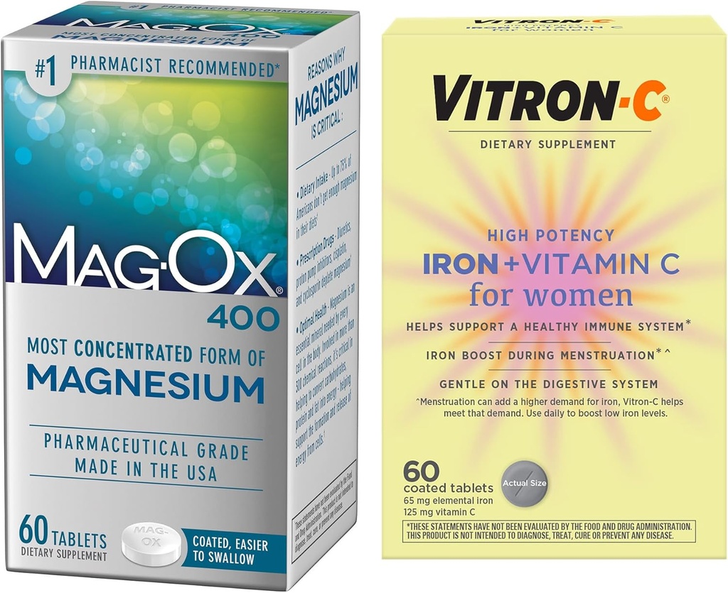 Vitron-C High Potency Iron Supplement, Immunt Support 60ct en Mag-Ox 400 Magnesium Mineral Supplement 60ct