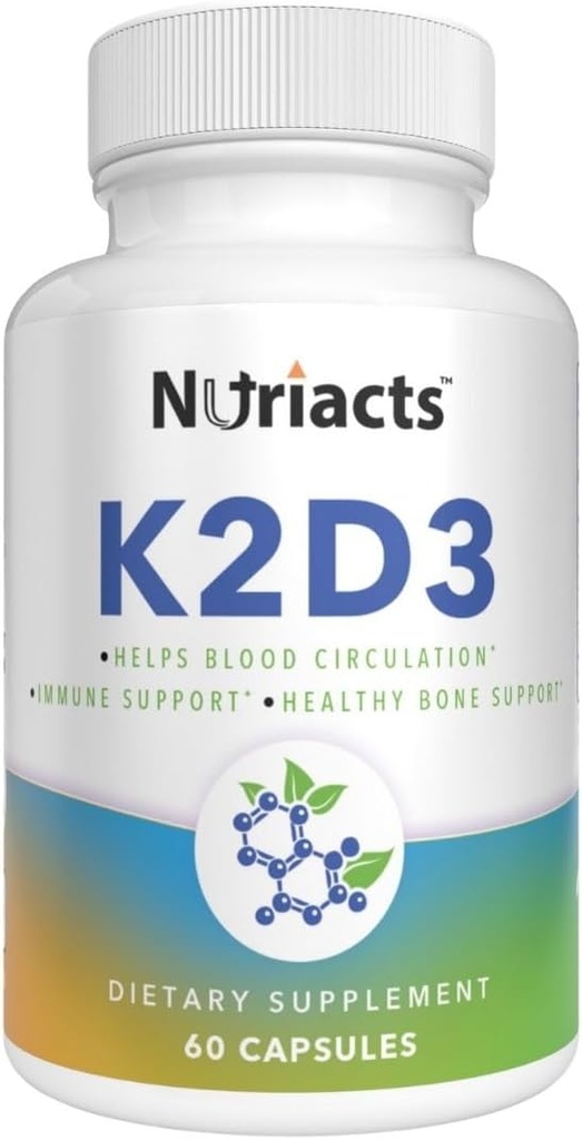 Vitamine D3 K2 avec Calcium et BioPerine 60 Capsules - Santé osseuse complète, Soutien cardiovasculaire, Absorption accrue - Non-OGM, Sans sucre