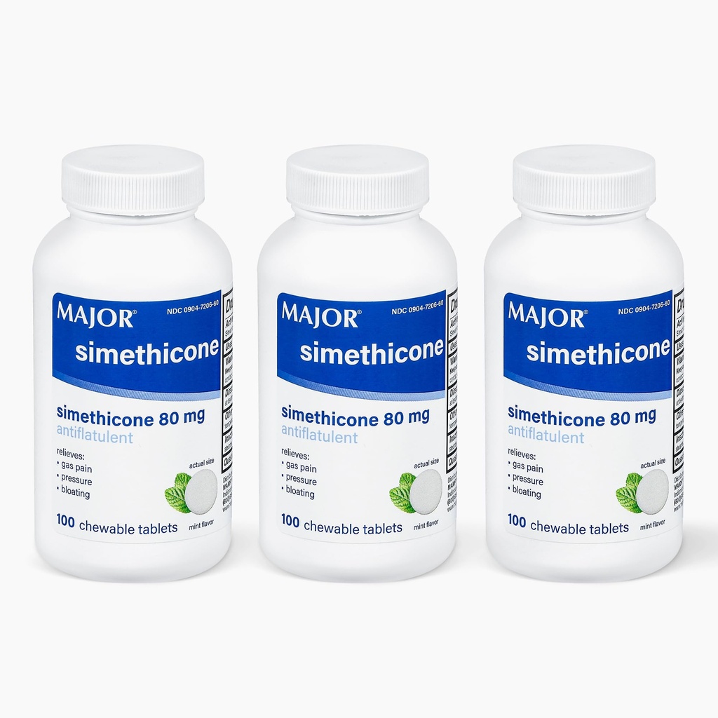 MAJOR Simethicone Gas Relief 80 mg - Anti Flatulentie, Bloating en Gas Pressure Aid - 100 Kauwtabletten (3 Pack)
