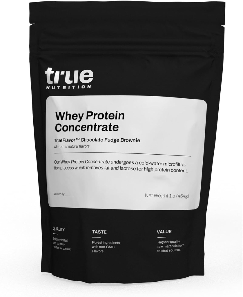 Véritable nutrition - Concentré de protéines de lactosérum - 100% poudre de protéines de lactosérum - Poudre à faible teneur en glucides à action rapide avec acides aminés essentiels - Élevée en leucine - Brownie au chocolat - 1lb.