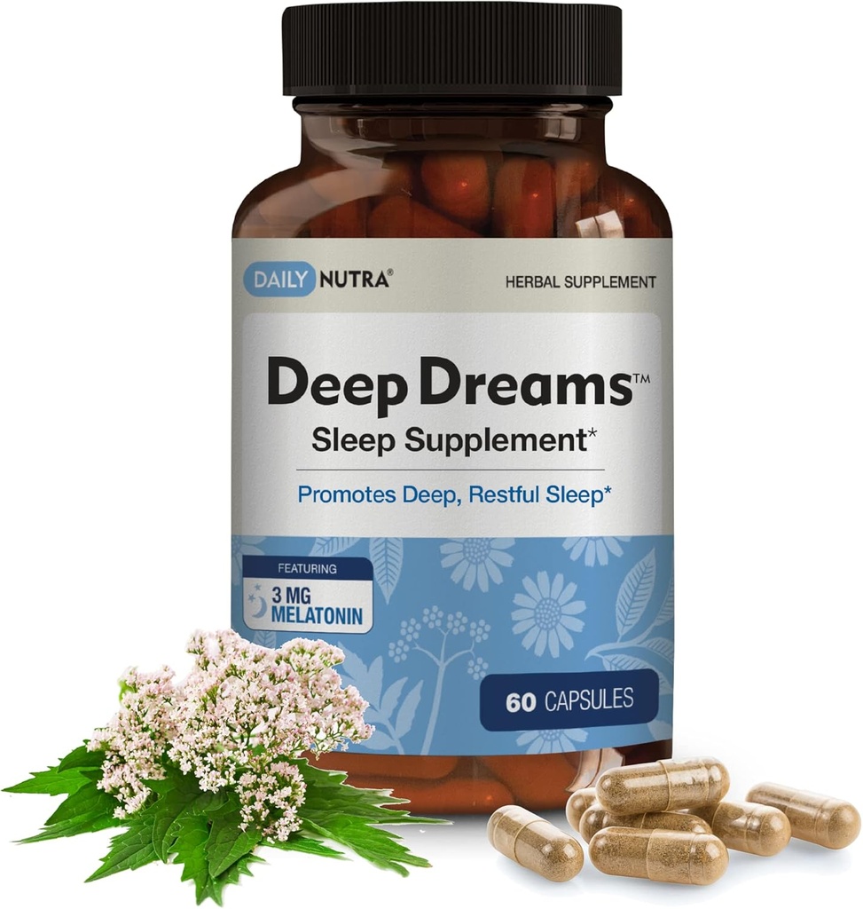 Deep Dreams ~ supplément de sommeil naturel à base de plantes favorise le sommeil profond, reposant, non-habitant formant avec la mélatonine, L-Tryptophane, Valérien, GABA, Camomille et Passionflower (60 capsules)