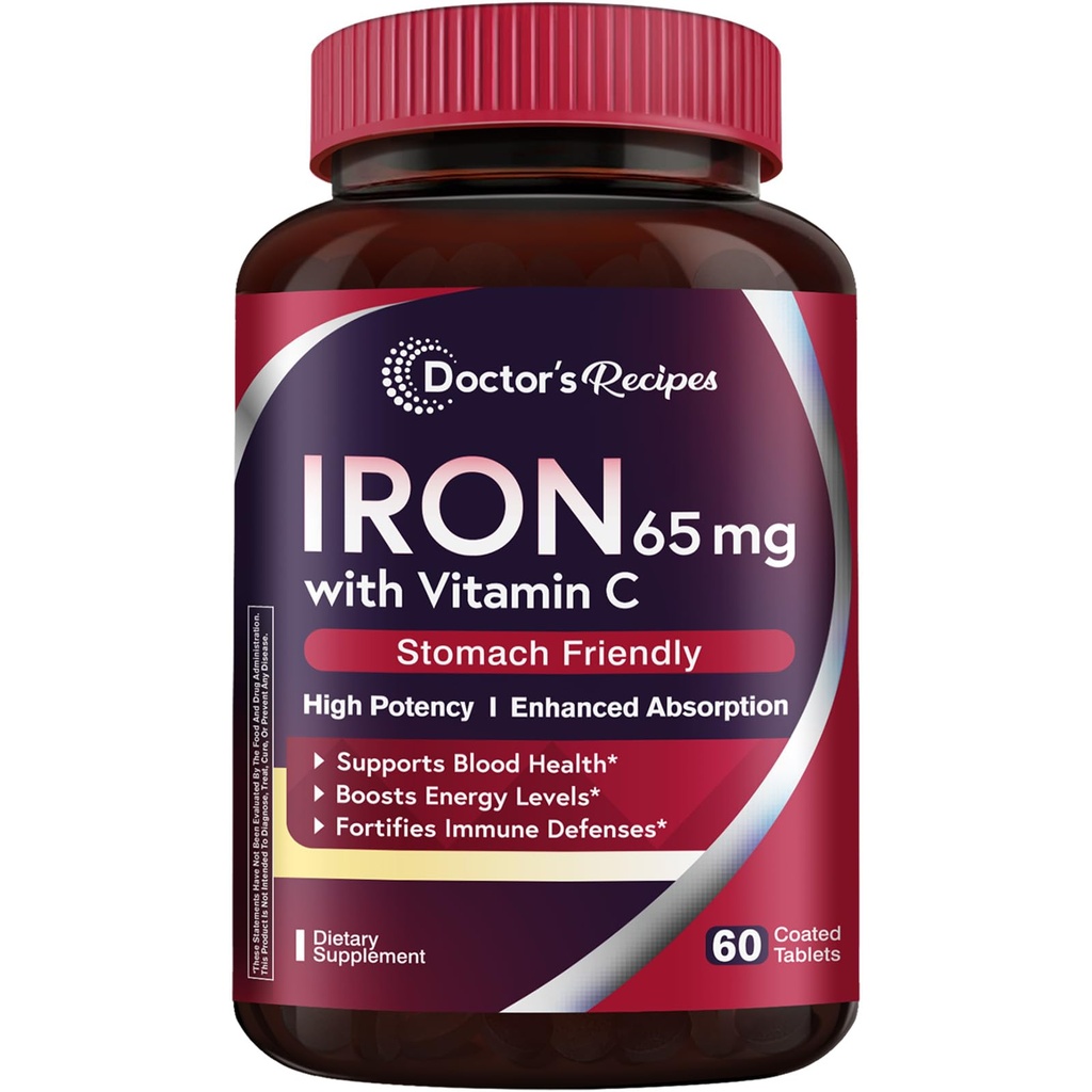 Recettes du médecin Supplément de fer 65 mg avec vitamine C - Absorption maximale, pilules de fer à haute capacité et amies de l'estomac pour les globules rouges Formation et immunité Santé - Comprimés de fer végétaliens non OGM 60