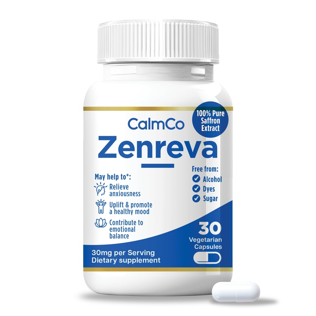 CalmCo Zenreva, Pure Saffron Extract Capsules Boost Mood, Verbeter Focus, Verminder angst, Ondersteuning Emotionele Evenwicht & Slaap, Metabolisme Booster, Niet-GMO Vegan Capsules, 30 Tel.