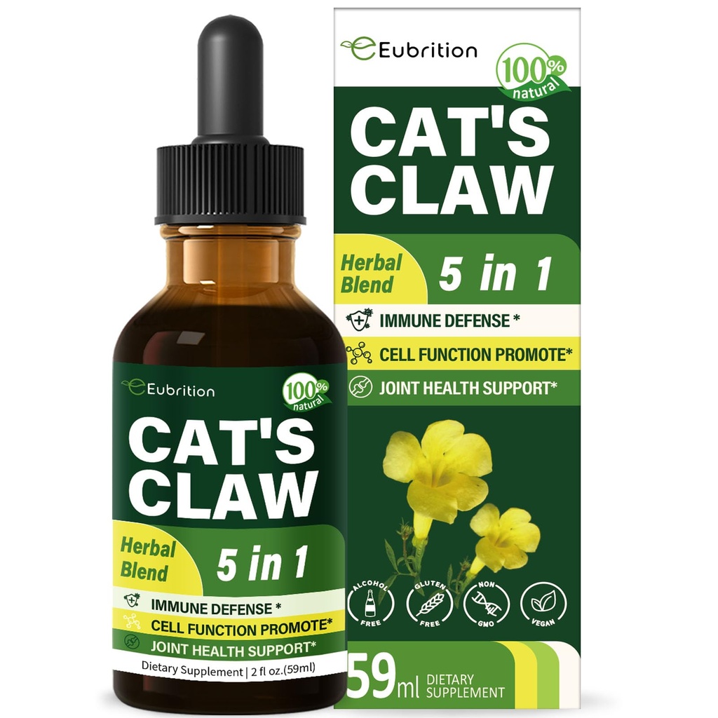 Cat's Claw kruid (Uña de Gato) Immune Support Liquid Drops, 5-in-1 Kruidensupplement met Echinacea & Elderberry Extract, Alcoholvrije Tinctuur voor Immunity Boost, Joint & Bone Health. 2 oz