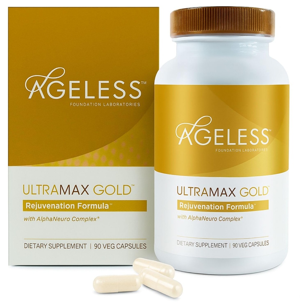 AGELESSTM: UltraMAX GoldTM Capsules, HGH Anti-Aging Supplement voor vrouwen, vertraagt Cellular Aging, Ondersteunt Immune Health, Smoother Skin Tone en herstellende Slaap, Gewichtsbeheer, 90 Capsules