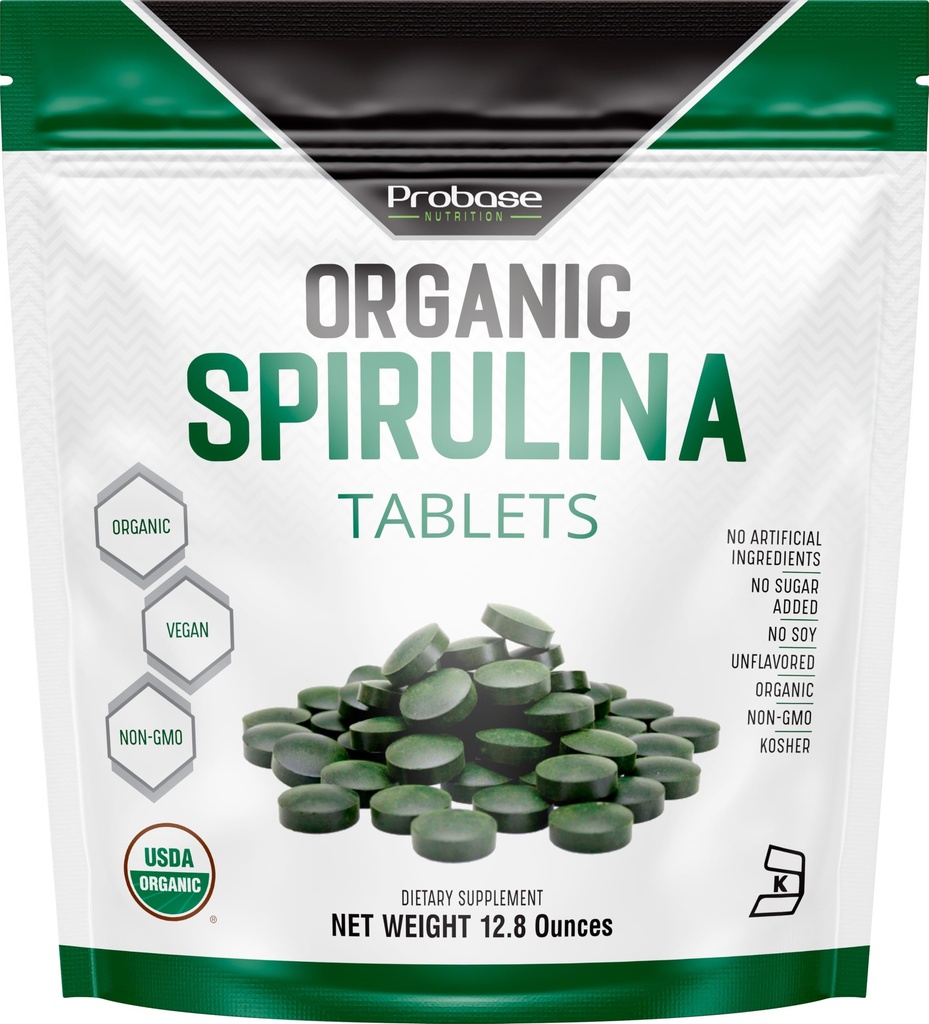 Probase Nutrition, Organic Spirulina Tablets, Premium Spirulina Supplement, Rich in Prebiotics, Protein & Antioxidants