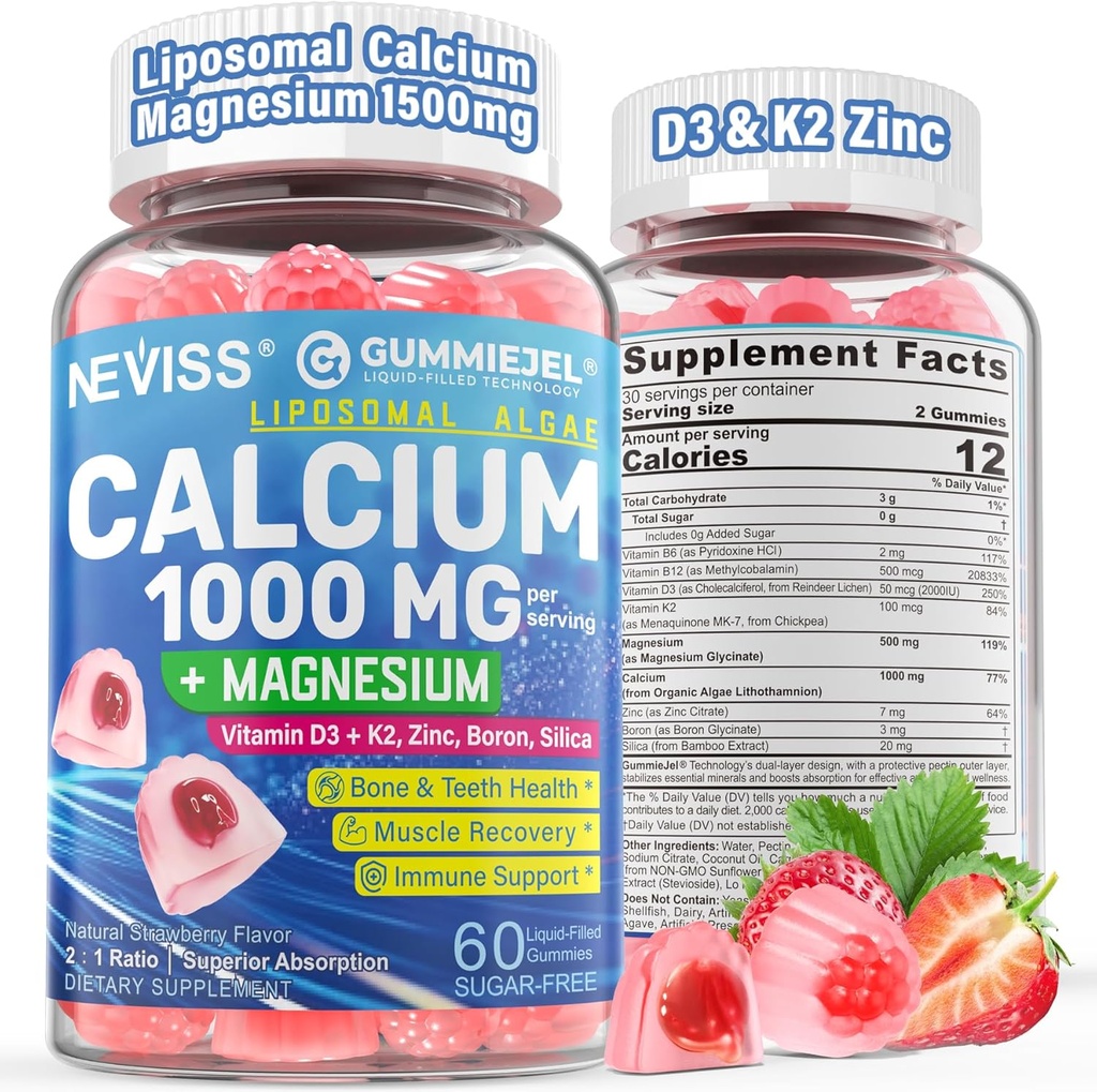 Calciumsupplementen voor vrouwen, mannen - Liposomale Calcium 1000mg Met Vitamine D3 K2, Magnesium Glycinate, Zink, Boron, Silica voor Bone Health - Suikervrij Calcium Magnesium Zink Gummies, Vegan, 60 Tellen