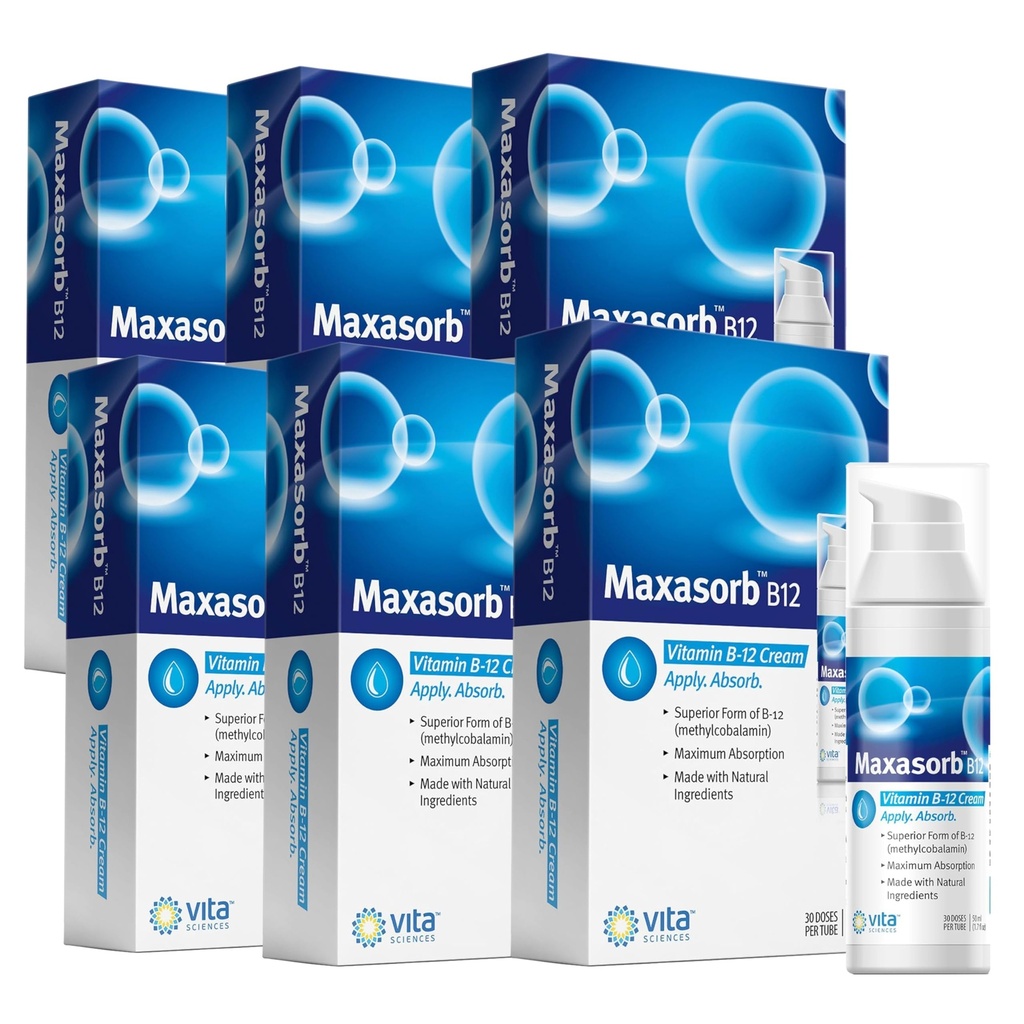 Vita Sciences Maxasorb B12 Vitamine B-12 Cream 1000 mcg: Krachtig Topisch Methylcobalamine voor energie, gezondheid en gloeiende huid - Pack of 6
