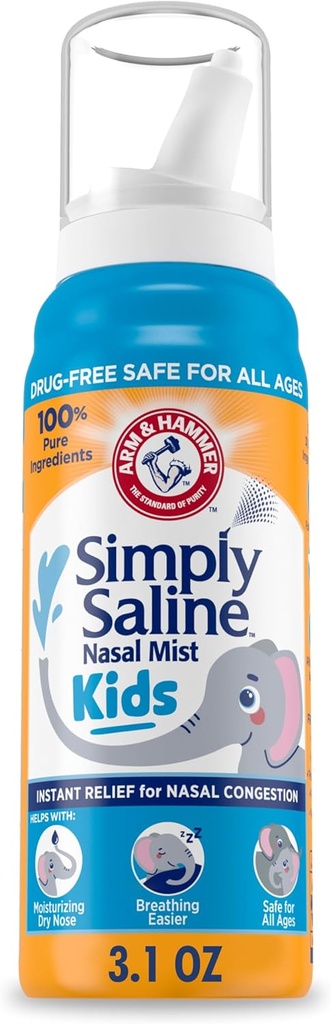ARM & HAMMER Simply Saline Kids Nasal Mist, Saline Spray for Gentle Nasal Congestie Relief, 3.1 Oz