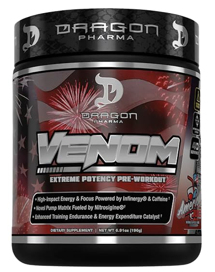 DRAGON PHARMA Venom Extreme Potency Pre-Workout, Laser Sharp Focus + Energy, Intense Performance, Proven Ingredients for Enhanced Vasodilation & Endurance (40 Servings, American Juice)