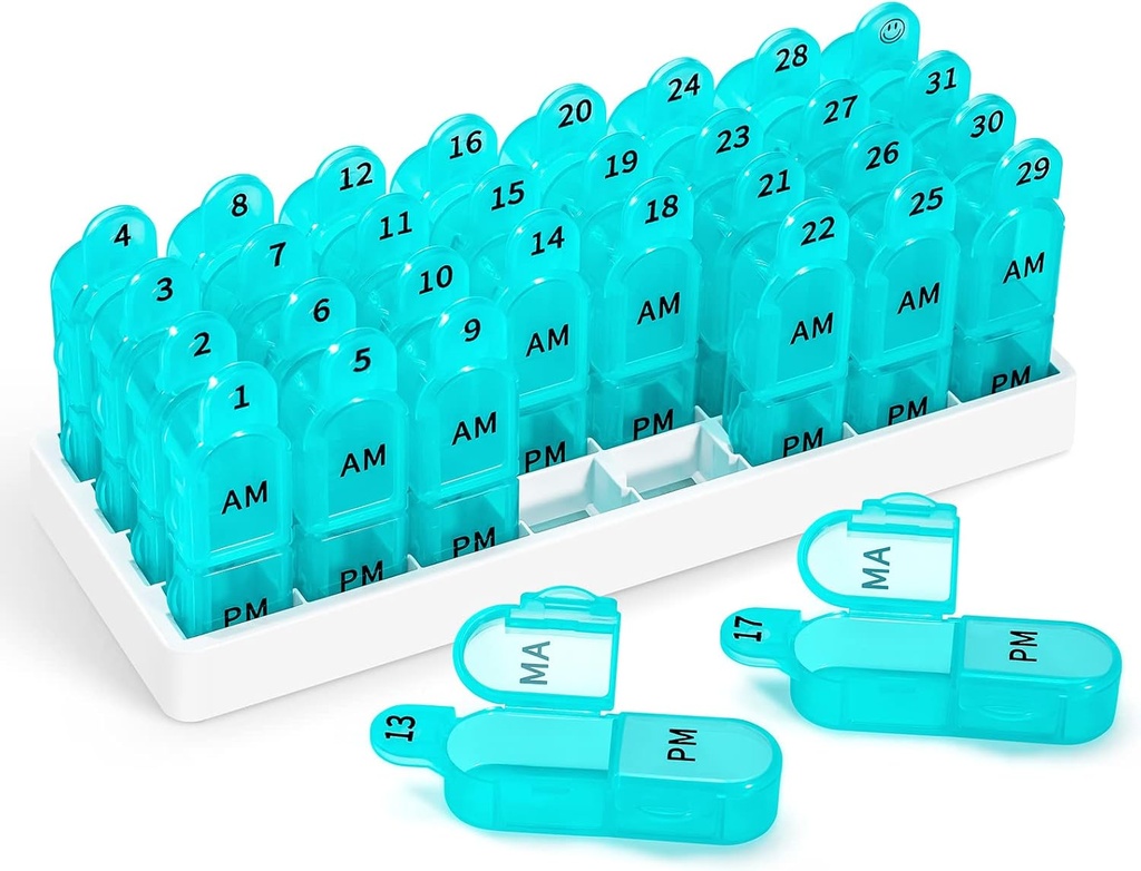 Zoksi Monthly Pill Organizer 2 fois par jour, 30 jours Pill Box Organizer Am Pm, Daily Pill Case avec 32 grands compartiments pour chaque jour, portable Pill Container for Vitamines and Medicine (Cyan)