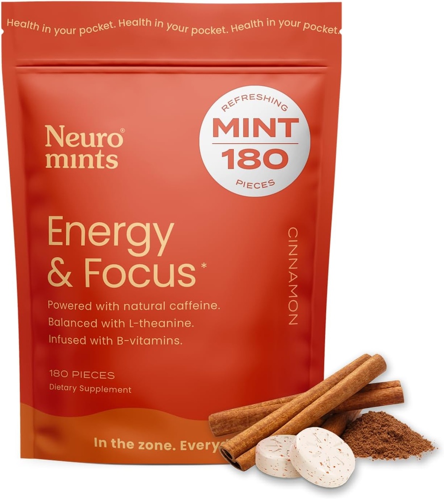 NeuroGum Energy Cafeïnemuntjes (180 stuks) - Suikervrij met L-theanine + Natuurlijke Cafeïne + Vitamine B12 & B6 - Nootrope Energie & Focus Supplement voor Vrouwen & Mannen - Keto & Vegan, kaneel smaak