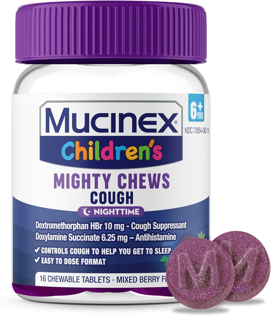 Mucinex Kinderen Mighty Kauwen Nacht Kids Hoest Geneeskunde, Gemakkelijk te doseren Cough Suppressant met Dextromethorfan, Kinderen Travel Medicine voor Hoest, Gemengde Berry smaak, 16 Gemedicineerde Kauwtabletten