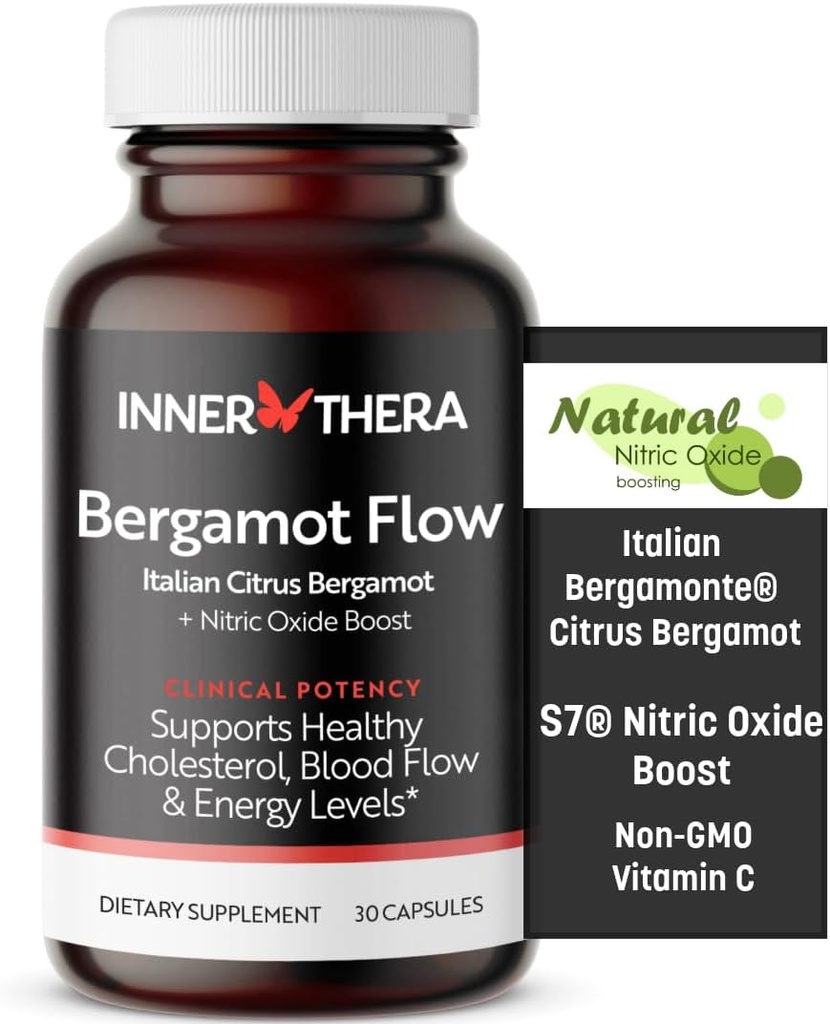 Bergamot Flow Italien Citrus Bergamot + S7 Oxyde nitrique, Bergamot Supplément pour le cholestérol élevé - Augmenter le débit sanguin, la circulation et les niveaux d'énergie - Fabriqué avec l'extrait de Bergamont italien breveté