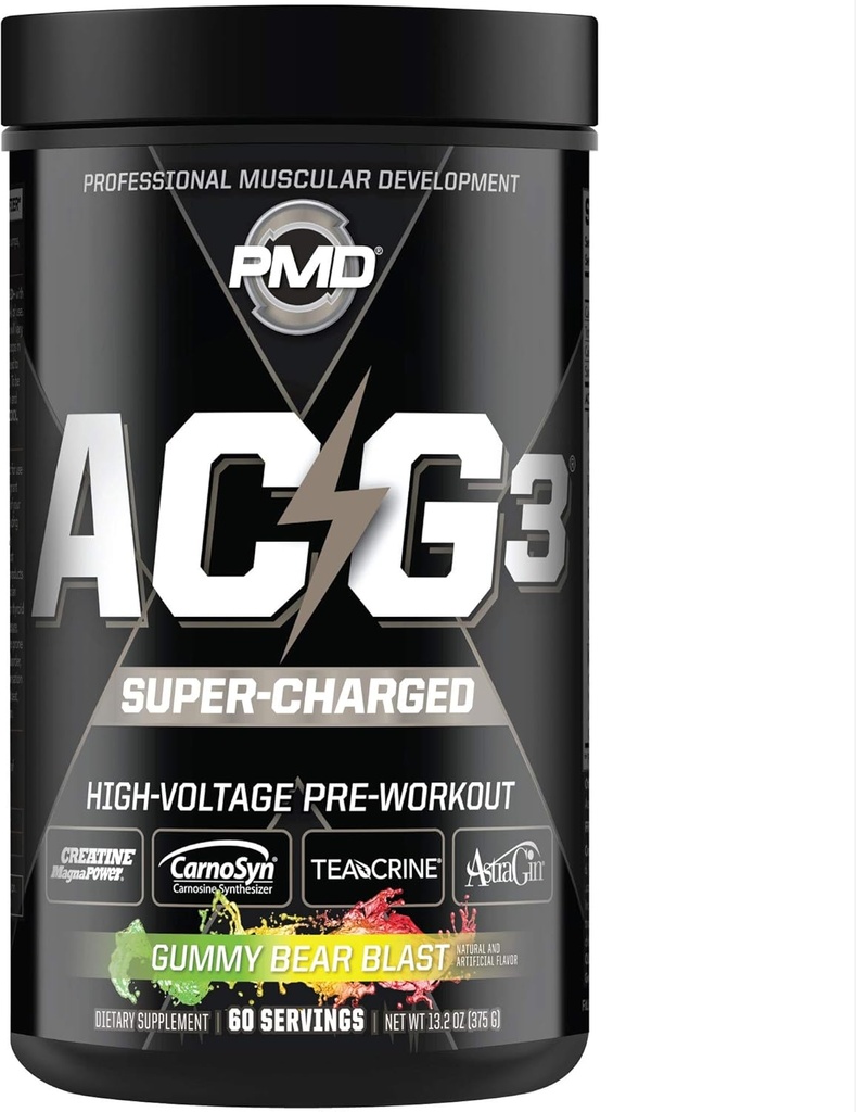 PMD Sports ACG3 Supercharged - Pre-workout - Krachtige kracht, hoge energie, maximale geestelijke focus, endurance en optimale training prestaties voor mannen en vrouwen - Gummy Bear Blast (60 Servings)