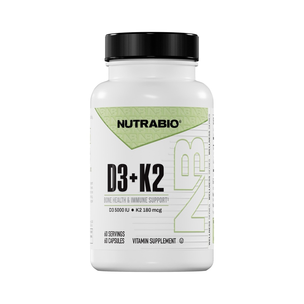 NutraBio Vitamine D3 K2= 5000 UI D3 en tant que Cholecalciferol avec la vitamine K2 en tant que MENA-Q MK7 (180mcg)= Soutien aux os et à la santé cardiaque= Non-OGM, sans gluten, sans lactose=60 Capsules végétales