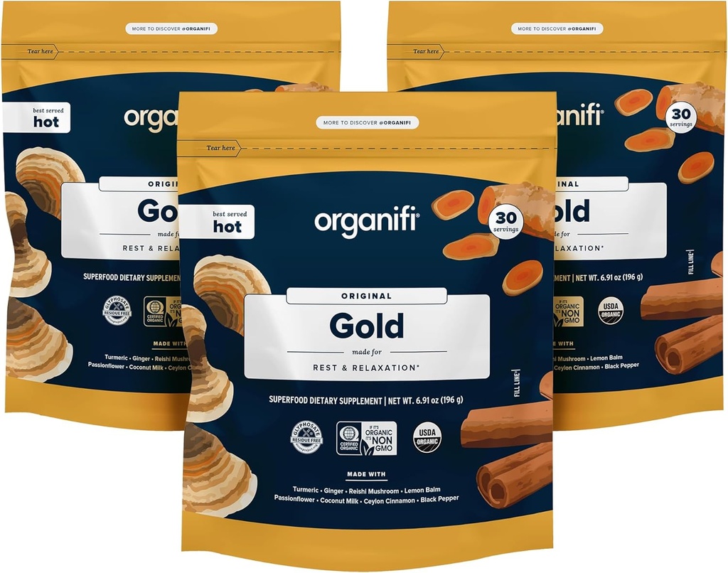 Organifi: Goud - Superfood Supplement Poeder- 90 Serves (3 Pack) - Stress Ondersteuning, Betere rust, ontspanning en bevordert rustgevende slaap - Kurkuma en Reishi Infused