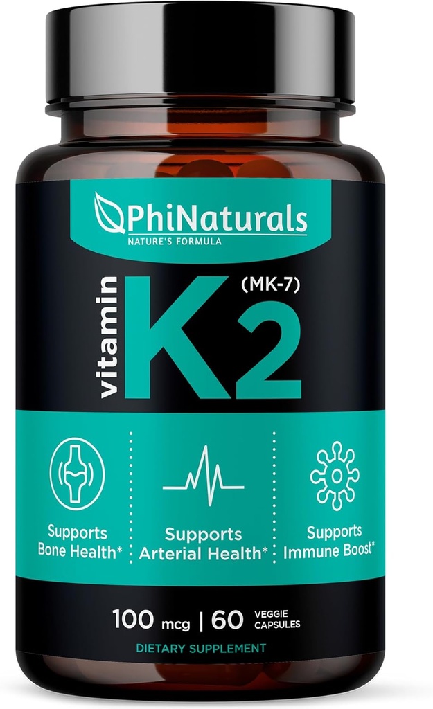 PhiNaturals Vitamine K2 Mk7 100 mcg Vegan 60 Capsules Bone Health Hart Hart Hart- en vaatziekten - VIT k-2 MK-7 100 mcg supplement van Natto