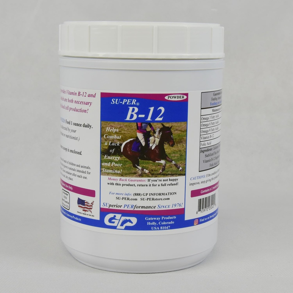 SU-PER B12 voor paarden - Equine-vitaminen B-12 & B-9 Foliumzuurondersteuningspoeder - energiepaardensupplement - 2,5 pond, (2 verpakkingen)