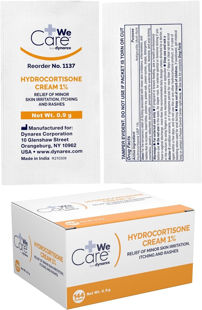Dynarex Hydrocortison Cream - Topische Anti-Itch Hydrocortison Zalf voor tijdelijke verlichting van kleine huid jeuk, huiduitslag, irritatie - .9g Packet, 1 Doos van 144
