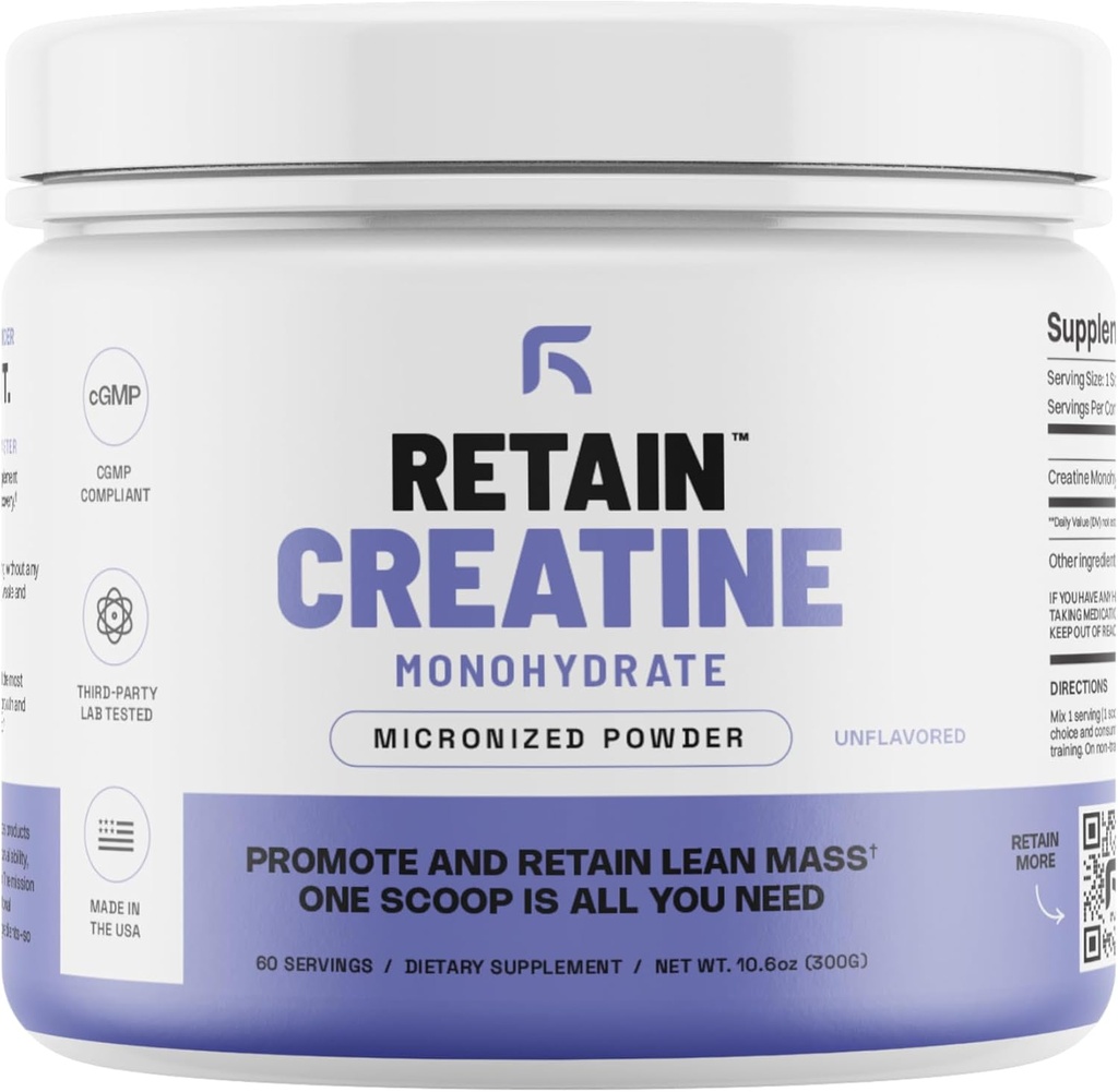 RETENIR la poudre monohydratée de créatine (60 portions) - 100 % micronisé haute absorption de créatine monohydratée, masse musculaire maigre et récupération