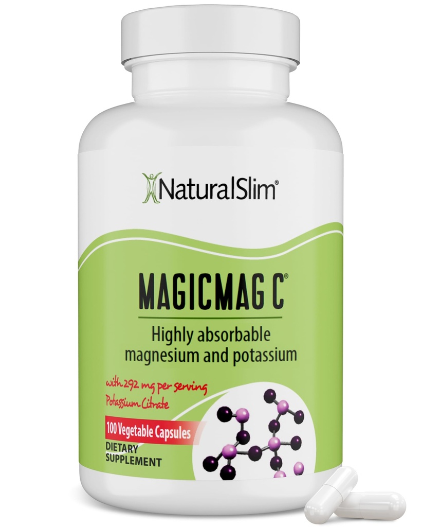 MagicMag C door NaturalSlim, Magnesium Citrate met Kalium voor spierontspanning, Slaapkwaliteit, Zenuwfunctie & Electrolyte Ondersteuning, Dagelijks Magnesium Supplement voor mannen en vrouwen, 100 Capsules 1pk