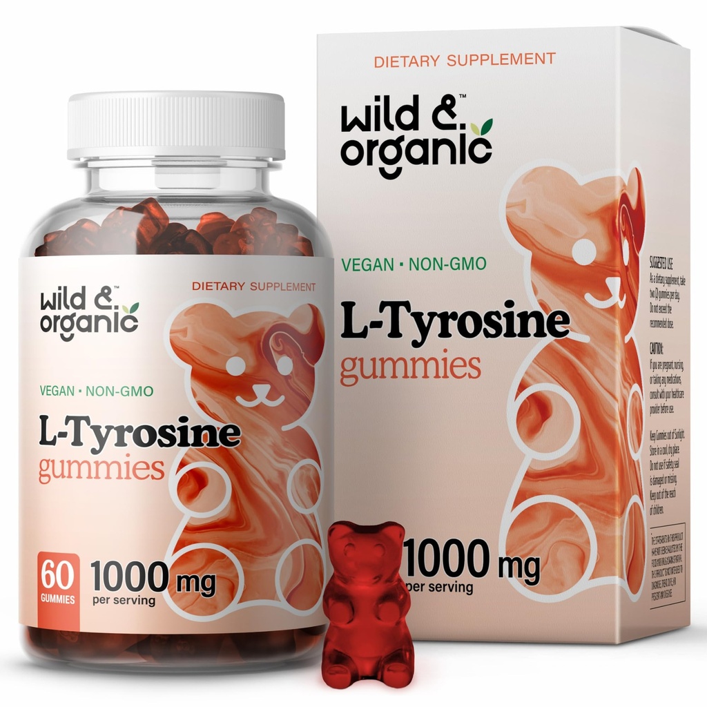 Wild & Organic L Tyrosine 1000mg Gummies - Hersenondersteuning Supplement voor Focus en Mood - Vegan Focus Gummies w/L-Tyrosine Powder - 60 Non-GMO Kauwen