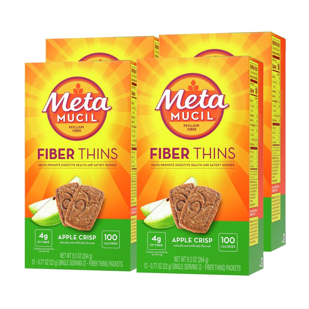 Métamucil, Thins de fibre, Supplément quotidien de fibre de mousse de Psyllium, Soutient la santé digestive et Satisfies faim, Apple Crisp Flavor, 48 portions totales (4 paquets de 12)