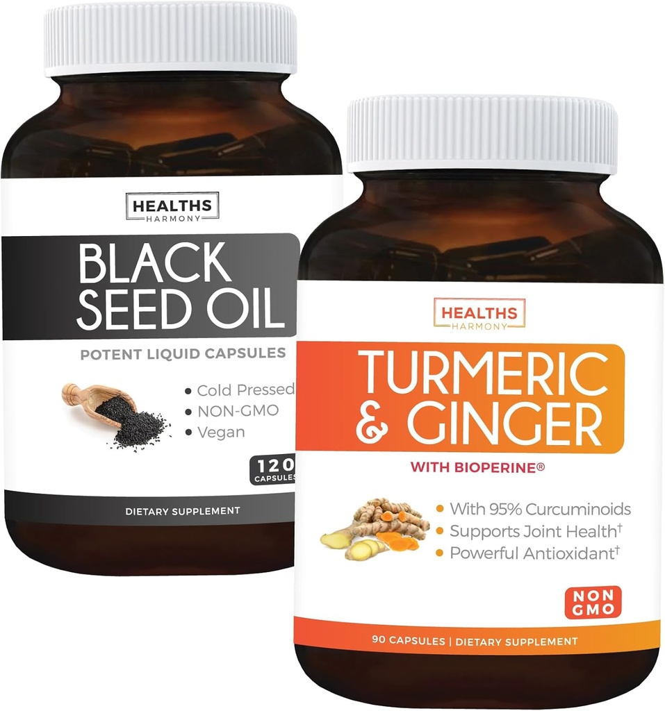 Bundel van kurkuma en gember en zwarte zaadolie - Golden Harmony Blend - Kurkuma en gember met 95% curcuminoïden en bioperine (90 capsules) & Black Seed Oil (Non-GMO) 100% koudgeperste komijnzaadolie