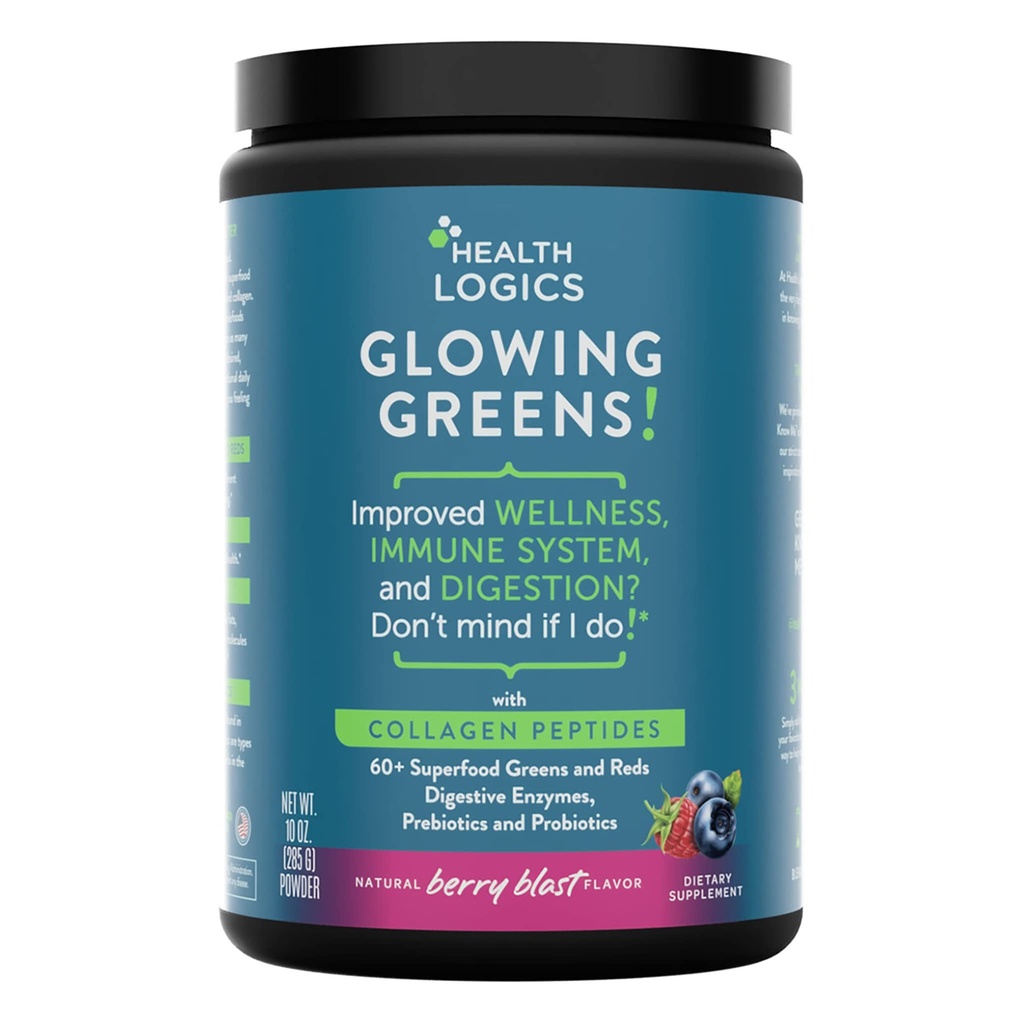 Health Logics Glowing Greens Superfood Powder met Collageen Peptides, Digestieve Enzymen, Prebiotica en Probiotica Antioxidant, Verbeter Wellness, Immune, Digestieve en Gut Health Ondersteuning