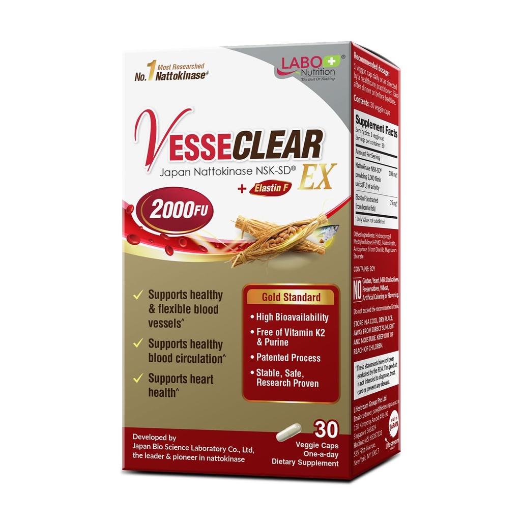 LABO Nutrition VesseCLEAR EX: Nattokinase NSK-SD+Elastine F pour vaisseaux sanguins propres et flexibles. La dose la plus éprouvée, fonctionnelle, acide résistant/délayée du Japon