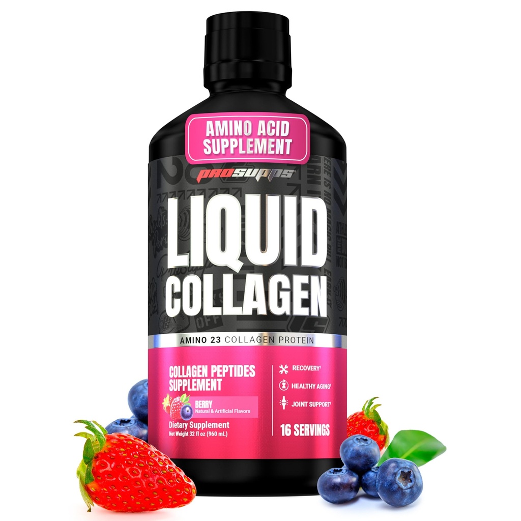 PROSUPPS Amino23 Liquid Collageen Shots, Berry - Collageen Peptide Post Workout supplement ondersteunt gezonde veroudering, gewrichten, huid en haar - Glutenvrije & Zero Sugar - 16 porties