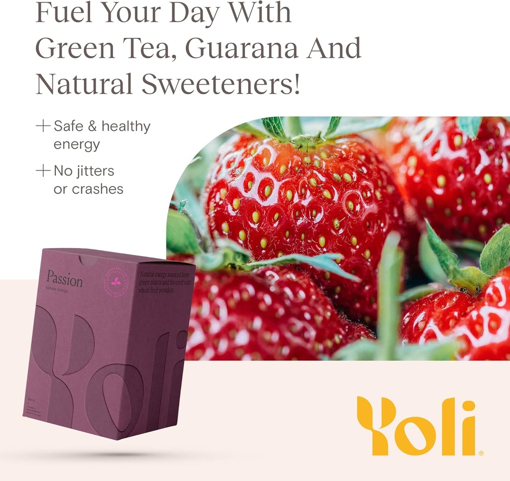 Yoli® Passion Energy Drink Powder Mix - Natural Energy Drink Mix voor uithoudingsvermogen en uithoudingsvermogen, 30 Packets - Berry