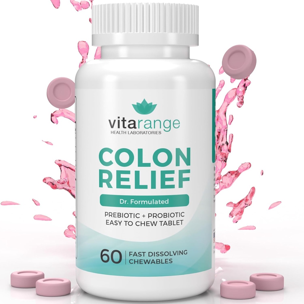 Colon Relief by VitaRange- Snelle Constipatie en opgeblazen Relief met Sunfiber Prebiotic Fiber en Pre + Probiotica voor de spijsverteringsgezondheid - 60 Kauwbare aardbeien tabletten 