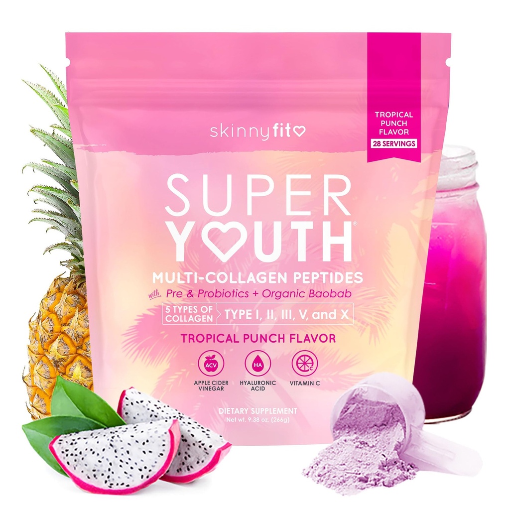 SkinnyFit - Super Youth Collageen voor vrouwen - Multi Collageen Peptides Powder - Probiotica, Vezel, Hyaluronzuur - Niet GGO, Glutenvrij, Suikervrij - Beauty & Self Care - Tropical Punch (28 porties)